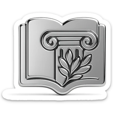 Minimal flat icon representing stoic philosophy and journaling: an open notebook combined with a classical column or laurel symbol, representing wisdom, reflection and inner discipline sticker