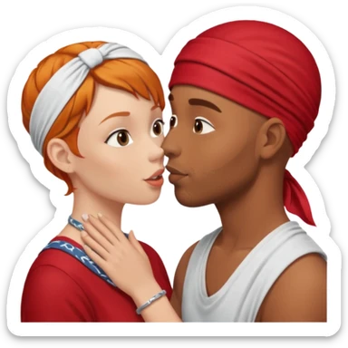 Two people naked kissing, brown man with bandana no hair, white girl ginger hair sticker