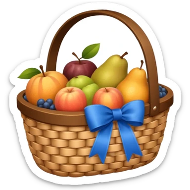 A basket with a blue ribbon on the handle sticker