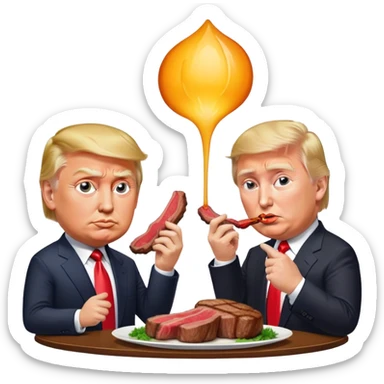 photorealistic Donald Trump and Putin eating a steak shaped like an piece of land sticker