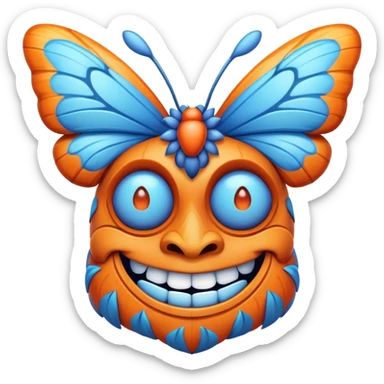 Cartoon Blue and orange smiling tiki with butterfly  sticker