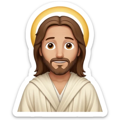 Cg cartoon Jesus, head to shoulders, brown hair, eyes squinted in laughter with 2 tears falling to each side, off-white ancient middle eastern robe. sticker