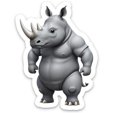 cinematic-rhino-full-body-standing-emoji,white horn, slate grey skin -massive-body-poised-powerfully,-thick-horn-curving-slightly-forward,-head-tilted-dramatically,-rough-grey-hide-covered-in-dust,-simplified-focused-features, sticker
