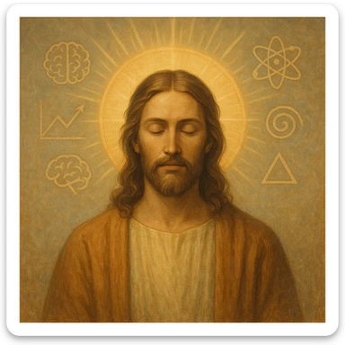 Christ Guardian of Mind, calm wise presence with luminous halo, eyes closed in meditation, gentle rays of light emanating from head, abstract symbols of intellect, tranquil spiritual style sticker