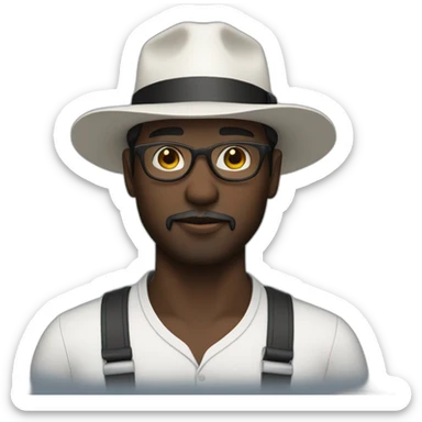 Dark skinned man with a white fedora and glasses and small black beard sticker