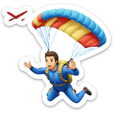 A skydiver free-falling through the sky, with a brightly colored parachute open above them. The background features a vast blue sky dotted with fluffy clouds, birds soaring nearby, and a plane flying off in the distance, emphasizing the thrill and freedom of the sport. sticker