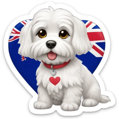 white maltipo dog in a new zealand flag shaped heart sticker