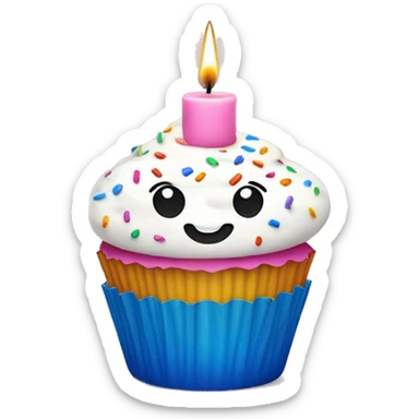 Cupcake with white frosting, a blue wrapper, rainbow sprinkles, and a pink candle sticker