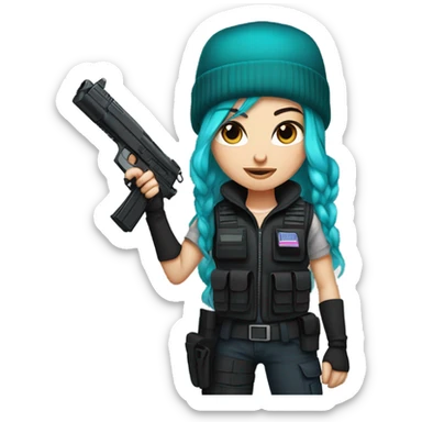 Girl, white skin, tactical vest, dark pants, long teal purple hair, blue eyes, black beanie hat, gun, black combat boots sticker