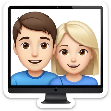 boy and girl on a video call, computer screens with faces, happy conversation sticker