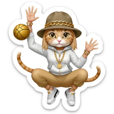 female cat wearing Run DMC hip-hop outfit with tracksuit, fedora, Adidas sneakers, many gold chains, rings, bracelets, flashy earrings, reaching up and catching a ball high in the air, no sunglasses sticker