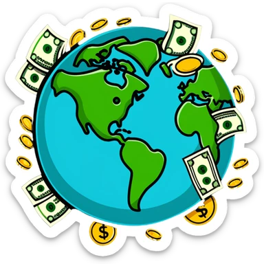 Money world with dollar bills and coins surrounding Earth sticker