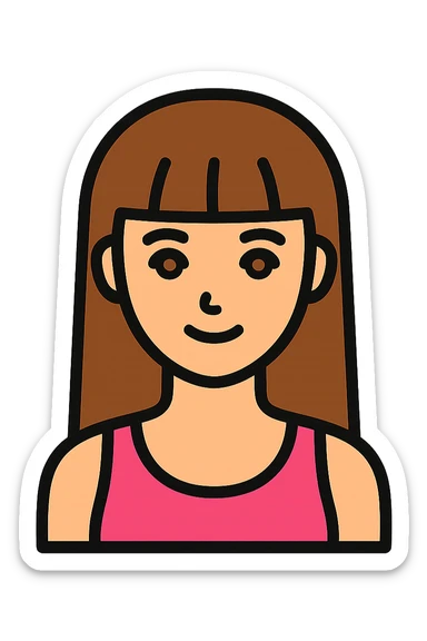 icon of an American girl with long brown hair with bangs, pink tank top, hazel eyes, slim build, outlined, simple and modern sticker