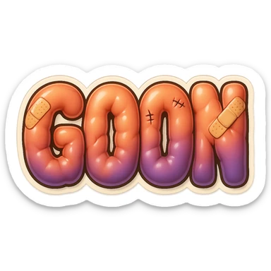 The word GOON with amorphous, glossy, blobby muscle shapes under the skin, using large cartoon bandages, purple and yellow bruises, and stitched wounds. Retro sticker style, no background. sticker
