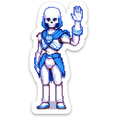 pixel art of Papyrus from Undertale, waving, blue and white outfit, confident expression sticker