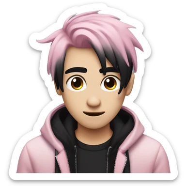 Create an emoji of an emo guy with split-dyed hair—one side pastel pink and the other side black. The hair should have a slightly messy, choppy texture, and the character should have a subtle, sad expression, wearing dark clothing typical of emo fashion sticker