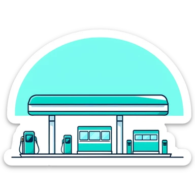 Gas station building with canopy and pump, minimalist design with soft gradients in sky blue, teal green, white, and light gray sticker