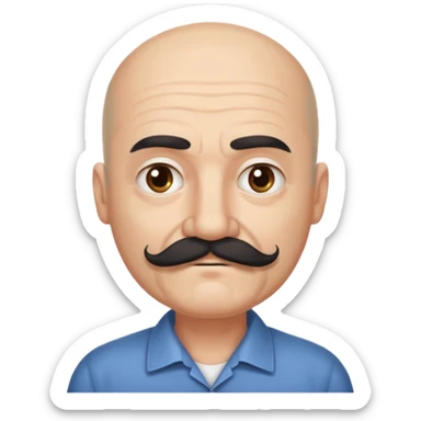 61 years old. Bald with dark hair on the sides. black thick moustache. White beard. saying sorry sticker