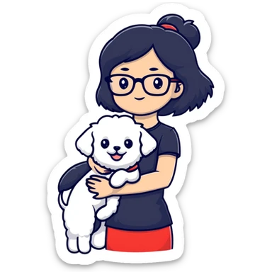 Girl with long black hair and glasses holding a white Bichon Frise dog sticker