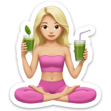 long haired blonde pilates instructor in pink drinking matcha in cute set with no straps sticker