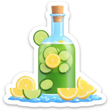 elegant 3D cocktail in a round bottle with a very small neck and cork, liquid color #6fdef1, inside cucumber slices, lemon slices, and ice cubes, realistic, glossy, visually attractive sticker