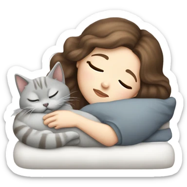 White girl brown hair sleeping with light grey kitty sticker