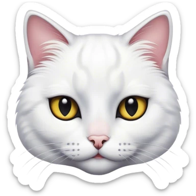 A white cat with a black spot on her left eye and a black back sticker