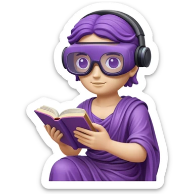an-emoji-of-a-ancient-young-greek-statue-reading-a-book,-wearing-vr-glasses,-purple-colors,-digital-universe sticker
