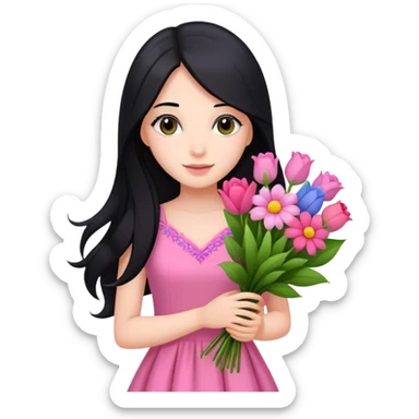 beautiful girl with long black hair, fair skin, wearing pink dress holding a colorful bouquet of flowers sticker