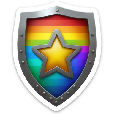 A circle metal shield that has a star in the middle and has rainbow stripes along the outside  sticker