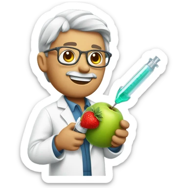 Scientist holding a fruit with a syringe inside of it in his hands sticker