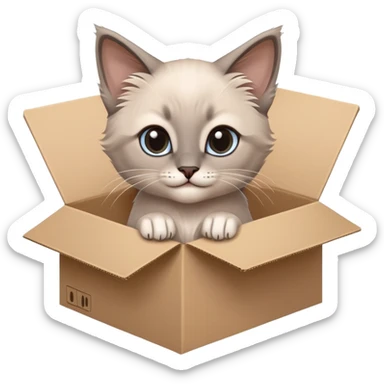  A very cute gery young happy kitten long hair Siamese Cat cat with one's head tilted to one side poked its paws out of the cardboard big box and placed them on top of it sticker