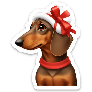 Brown Dachshund wrapped in holiday paper with red bow on head sticker