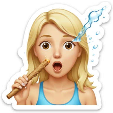 blond woman eating a stick the same color as her skin, water stream squirting directly from the stick into her open mouth, surprised expression sticker