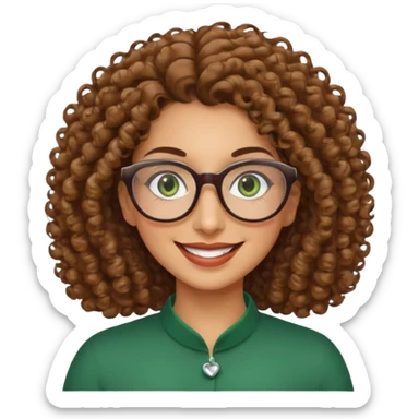40 yr old Iranian woman, light brown very curly thick hair, shoulder length hair, green eyes, tan skin, big smile, big glasses sticker