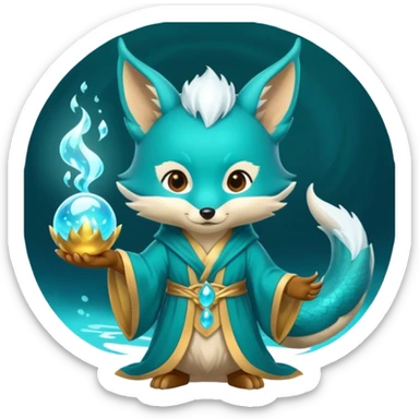 Chibi teal fox with small antler horns, confident magical expression, gold mark on forehead, teal-gold robe, holding glowing blue water orbs, with dragon tail sticker