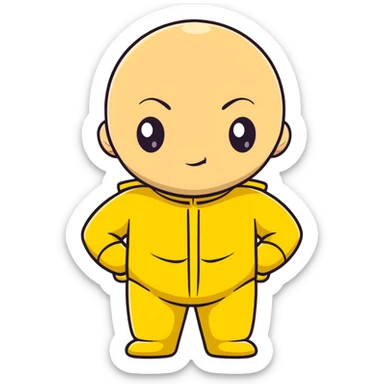 Saitama with blank face from One Punch Man, plain expression, bald head, simple round eyes, yellow hero suit, comical anime look sticker