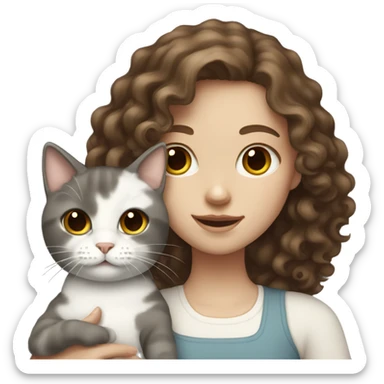 pale girl with brown curly hair holding grey and white cat sticker