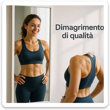 adult woman in sporty clothing smiling in front of a mirror, observing the results of her weight loss journey, toned and proportionate body, bright and motivating atmosphere, Italian text: 'Dimagrimento di qualità', 4K quality sticker