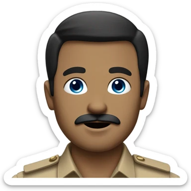 A man with black hair combed left, sharp blue eyes, and a pale, angular face. He has a small mustache with both sides cut, pointed nose, and wears a light brown military shirt with a red armband, and shows his waist sticker