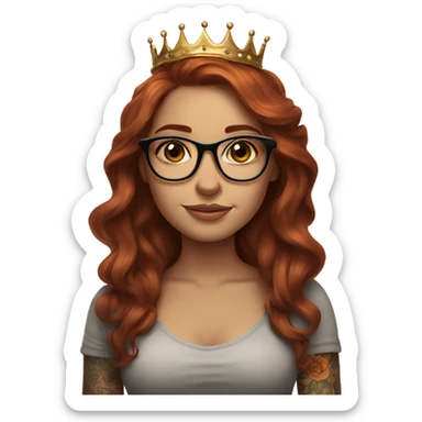 Beautiful girl, long auburn hair, tattoos, glasses and a crown sticker