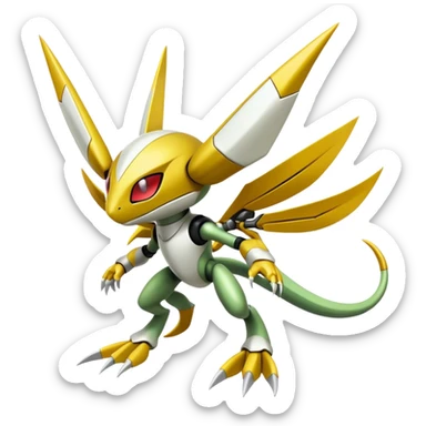 Cute Cool Edgy Shiny Futuristic Ethereal Legendary Kartana-Digimon-Schyther-Scizor-hybrid full body sticker