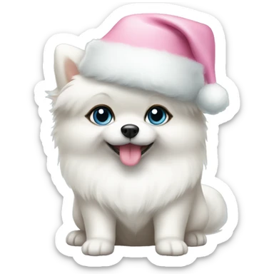white pomeranian puppy full body light blue eyes pink christmas hat on sticker