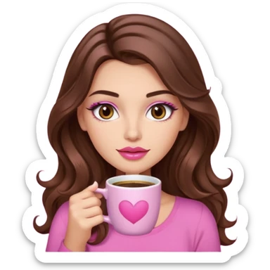 girl with long wavy brown hair, brown eyes, long lashes makeup,sexy pink lips, light to medium complexion, pink sexy top, with a coffee mug sticker