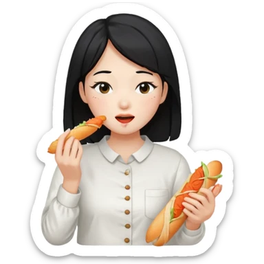 Girl black long hair eat kimchi close eyes baguette sticker