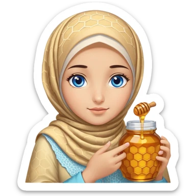 Turkish beautiful finish Konya girl blue eyes with honeycomb pastel hijab islamic dress and had on her hand honey sticker