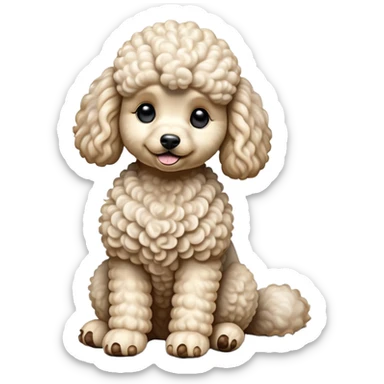 cinematic-[poodle]-realistic-full-body-sitting-emoji,-tail-resting-loosely-beside-its-paws,-head-tilted-dramatically, -curly-[cream white]-fur,-simplified-yet-realistic-focused-features,-highly-detailed,-glowing-with-an-almost-sarcastic-glow sticker