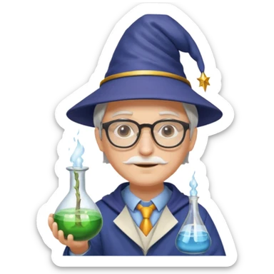 scientist with glasses, wearing wizard hat custome, with glass vase sticker