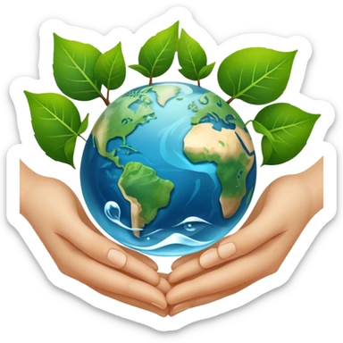 An icon featuring a green leaf, Earth held in hands, and a recycling symbol, symbolizing ecology. The design includes trees, clean water, and animals, representing environmental protection, sustainability, and ecosystems. Transparent background highlights the science of nature and conservation. sticker
