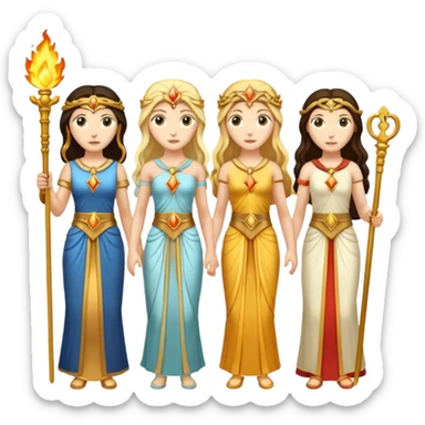 Three goddesses. one with a torch facing right,  one with a torch facing left, one in the center with a key. sticker